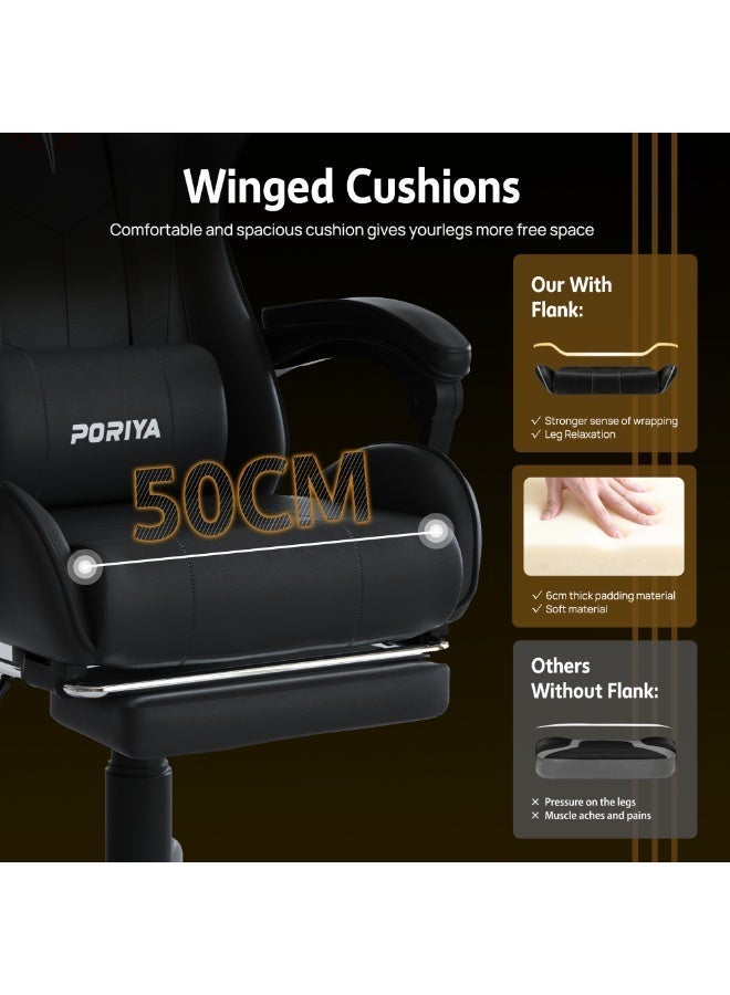 PORIYA Ergonomic Gaming Chair with Footrest, Adjustable Executive Office Chair, 90–145° Recline, Height Adjustable Racing Chair, PVC Leather, 150kg Capacity (Black&Red) - Image 4